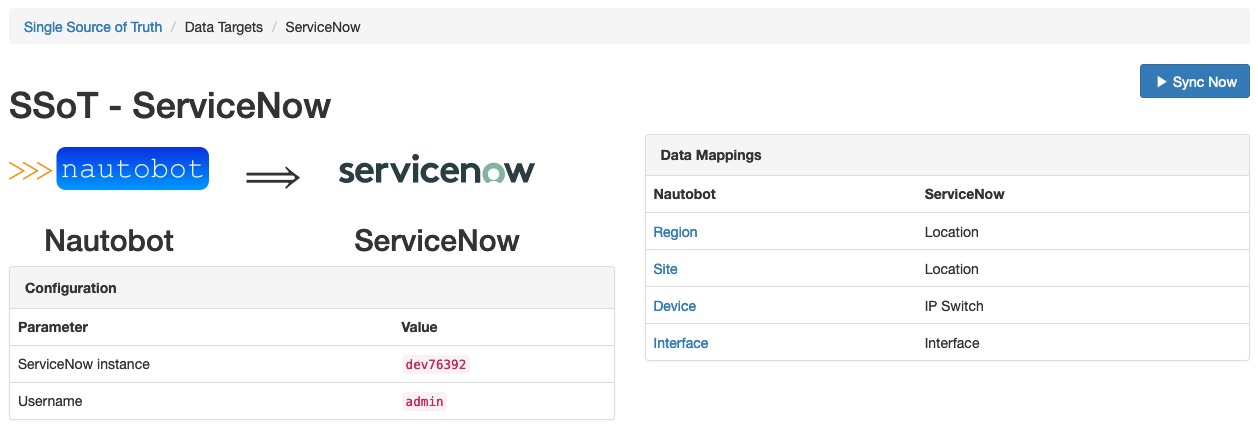Example data target - ServiceNow
